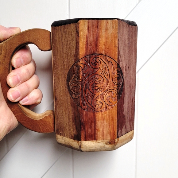 Handcrafted Wooden Mug with Carved Design - Picture 2 of 14
